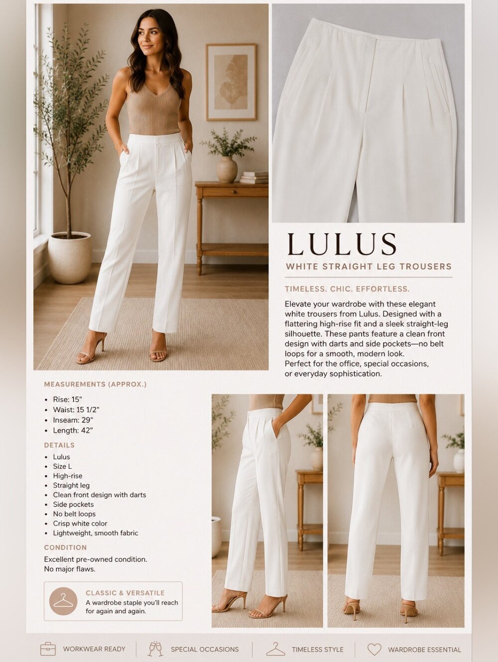 Lulus White High Waist Straight Leg Trousers Size L - Picture 2 of 7